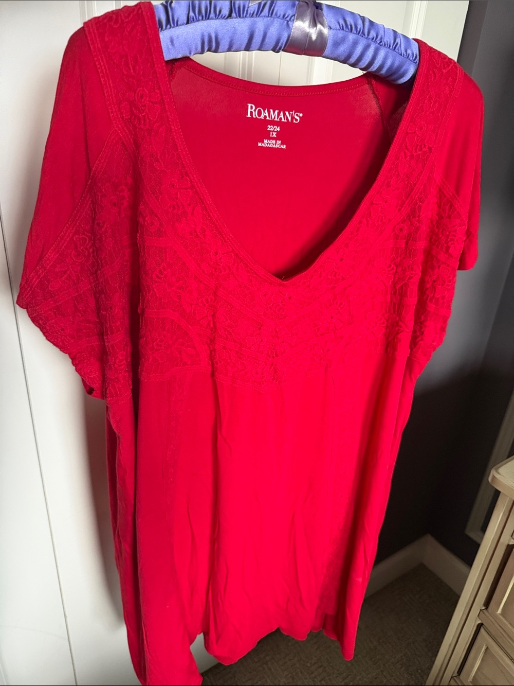 Roaman's Bright Red V-Neck Lace Trim Tunic Top